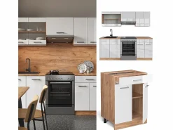 Vicco Cocina Completa|Mueble de cocina blanco brillo intenso/roble dorado 200x46x81.6 r-line