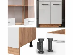 Vicco Cocina Completa|Mueble de cocina blanco brillo intenso/roble dorado 200x46x81.6 r-line
