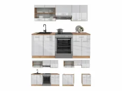 Vicco Cocina Completa|Mueble de cocina blanco brillo intenso/roble dorado 200x46x81.6 r-line