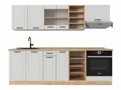 Vicco Cocina Completa|Mueble de cocina casa de campo blanca/roble dorado 240x60x81.6 r-line