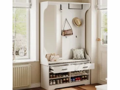 Mueble de entrada con espejo, ganchos, barra y zapatero Blanco