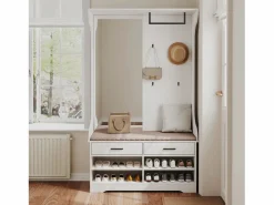 Mueble de entrada con espejo, ganchos, barra y zapatero Blanco