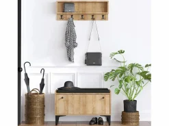 Concept-Usine Mueble de entrada de madera LUANA con banco, zapatero y perchero de pared Color natural claro Outlet