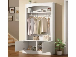 Mueble de entrada multifunción con banco, tablero de partículas y almacenaje regulable (120x40x190cm) Blanco Hot