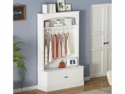 Mueble de entrada multifunción con banco, tablero de partículas y almacenaje regulable (120x40x190cm) Blanco Hot