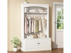 Mueble de entrada multifunción con banco, tablero de partículas y almacenaje regulable (120x40x190cm) Blanco Hot