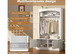 Mueble de entrada multifunción con banco, tablero de partículas y almacenaje regulable (120x40x190cm) Blanco Hot