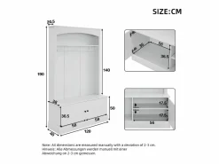 Mueble de entrada multifunción con banco, tablero de partículas y almacenaje regulable (120x40x190cm) Blanco Hot