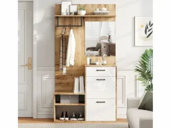 Mueble de entrada multifuncional con espejo, tablero de partículas, y madera natural (100x38,5x190cm) Blanco Hot