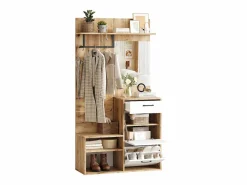 Mueble de entrada multifuncional con espejo, tablero de partículas, y madera natural (100x38,5x190cm) Blanco Hot