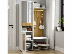 Mueble de entrada multifuncional con espejo, iluminación LED de 16 colores, MDF y tablero de partículas, y madera (110x38x190cm) Blanco