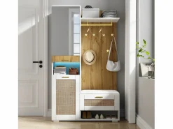 Mueble de entrada multifuncional con espejo, iluminación LED de 16 colores, MDF y tablero de partículas, y madera (110x38x190cm) Blanco