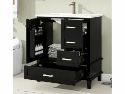 Merax Mueble De Baño Simple|Mueble de lavabo de pie de cerámica individual - 73 x 45,5 x 83,5 cm - con cajones y puertas - Cerámica y MDF - (Grifo no incluido)