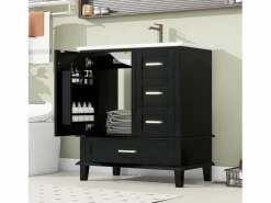 Merax Mueble De Baño Simple|Mueble de lavabo de pie de cerámica individual - 73 x 45,5 x 83,5 cm - con cajones y puertas - Cerámica y MDF - (Grifo no incluido)