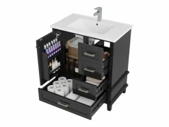 Merax Mueble De Baño Simple|Mueble de lavabo de pie de cerámica individual - 73 x 45,5 x 83,5 cm - con cajones y puertas - Cerámica y MDF - (Grifo no incluido)
