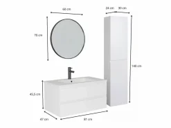 Mueble de lavabo individual de 80cm con encimera de cerámica, grifería, espejo y columna SORRENTO^ Best