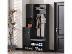 Mueble de recibidor con banco, perchero, estantes y cajones, 4 ganchos, 1 puerta, blanco, (100x35x180 cm)^ Sale