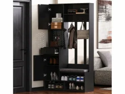 Mueble de recibidor con banco, perchero, estantes y cajones, 4 ganchos, 1 puerta, blanco, (100x35x180 cm)^ Sale