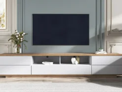 Mueble de televisión escandinavo contemporáneo de 180 cm en madera - 5 puertas + 8 compartimentos - Natural y blanco^ModernLuxe