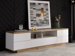 Mueble de televisión escandinavo contemporáneo de 180 cm en madera - 5 puertas + 8 compartimentos - Natural y blanco^ModernLuxe