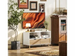 Mueble de TV de 99 cm con cajón y 2 estantes, mueble de TV moderno para salón Blanco Sale