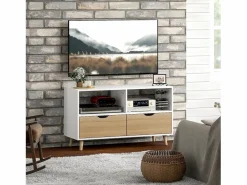 Mueble de TV de 99 cm con cajón y 2 estantes, mueble de TV moderno para salón Blanco Sale