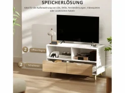 Mueble de TV de 99 cm con cajón y 2 estantes, mueble de TV moderno para salón Blanco Sale