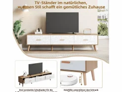 Merax Mueble de TV con 3 cajones - 150 x 35 x 39 cm - Tablero de partículas - para salón - y madera Blanco