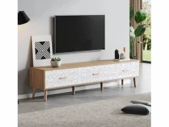 Merax Mueble de TV con 3 cajones - 150 x 35 x 39 cm - Tablero de partículas - para salón - y madera Blanco