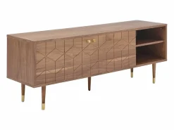 Mueble de TV con 2 puertas y 2 estantes abiertos, chapa de nogal - Natural oscuro y dorado - PARIOMA^Vente-unique Clearance