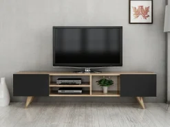Vente-unique Mueble Tv|Mueble de TV con 2 puertas y 3 estantes - Negro y Natural - MOSTIA
