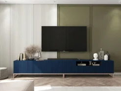 Mueble de TV con 7 puertas y hueco abierto – estructura marino mate, frentes acanalados marino mate – 300 cm, marco de metal^ Sale