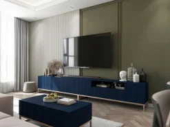 Mueble de TV con 7 puertas y hueco abierto – estructura marino mate, frentes acanalados marino mate – 300 cm, marco de metal^ Sale
