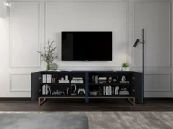 Mueble de TV con 7 puertas y hueco abierto – estructura marino mate, frentes acanalados marino mate – 300 cm, marco de metal^ Sale