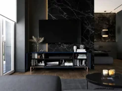 Mueble de TV con 7 puertas y hueco abierto – estructura marino mate, frentes acanalados marino mate – 300 cm, marco de metal^ Sale