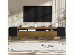 Merax Mueble de TV con 2 puertas y nichos laterales - 180 x 36 x 43 cm - LED - MDF y tablero de partículas - + natural Negro Clearance