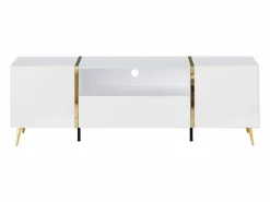 Vente-unique Mueble Tv|Mueble de TV con 2 puertas, 1 cajón y 1 estante - Blanco brillo y dorado - MARZIALO