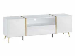 Vente-unique Mueble Tv|Mueble de TV con 2 puertas, 1 cajón y 1 estante - Blanco brillo y dorado - MARZIALO