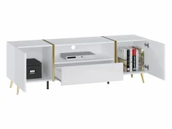Vente-unique Mueble Tv|Mueble de TV con 2 puertas, 1 cajón y 1 estante - Blanco brillo y dorado - MARZIALO