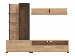 Mueble de TV de pared - 3 puertas, 1 puerta de cristal, 2 huecos y 7 estantes - Color: Roble y negro - DUBLIN^Vente-unique Hot