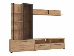 Mueble de TV de pared - 3 puertas, 1 puerta de cristal, 2 huecos y 7 estantes - Color: Roble y negro - DUBLIN^Vente-unique Hot