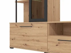 Mueble de TV de pared - 3 puertas, 1 puerta de cristal, 2 huecos y 7 estantes - Color: Roble y negro - DUBLIN^Vente-unique Hot
