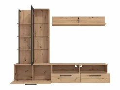 Mueble de TV de pared - 3 puertas, 1 puerta de cristal, 2 huecos y 7 estantes - Color: Roble y negro - DUBLIN^Vente-unique Hot