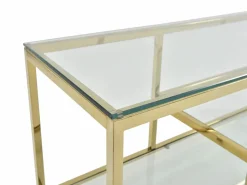 Vente-unique Mueble de TV en vidrio templado y acero inoxidable - Transparente y Dorado - RIMALI Transparente / Dorado Discount