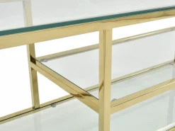 Vente-unique Mueble de TV en vidrio templado y acero inoxidable - Transparente y Dorado - RIMALI Transparente / Dorado Discount