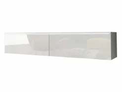 Mueble de TV moderno 140 cm para salón – 2 puertas sin tiradores, cuerpo mate / frentes brillo, de pie o colgante Blanco Outlet