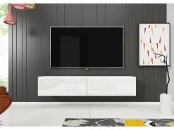 Mueble de TV moderno 140 cm para salón – 2 puertas sin tiradores, cuerpo mate / frentes brillo, de pie o colgante Blanco Outlet