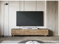 Mueble Tv|Mueble de TV moderno de 190 cm grafito /roble wotan con patas para salón, frentes MDF fresados en espiga