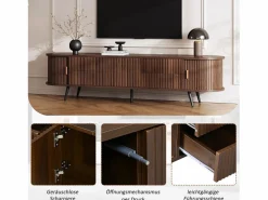 Mueble de TV ovalado con rayas verticales - 180 x 40 x 45 cm - con 4 cajones + 2 puertas correderas - MDF - nogal oscuro^Merax New