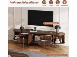 Mueble de TV ovalado con rayas verticales - 180 x 40 x 45 cm - con 4 cajones + 2 puertas correderas - MDF - nogal oscuro^Merax New